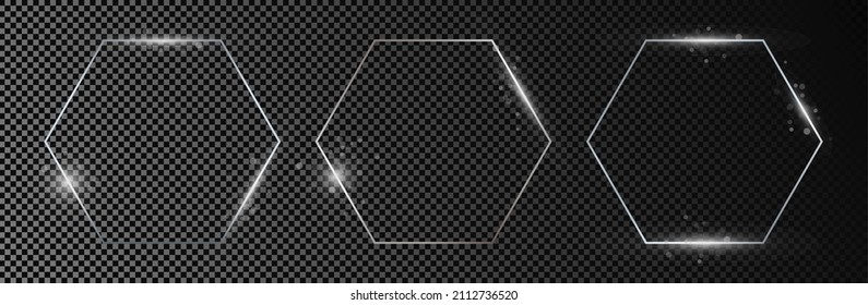 Set Of Three Silver Glowing Hexagon Frames Isolated On Dark Transparent Background. Shiny Frame With Glowing Effects. Vector Illustration