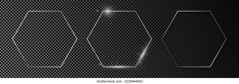 Set of three silver glowing hexagon frames isolated on dark transparent background. Shiny frame with glowing effects. Vector illustration