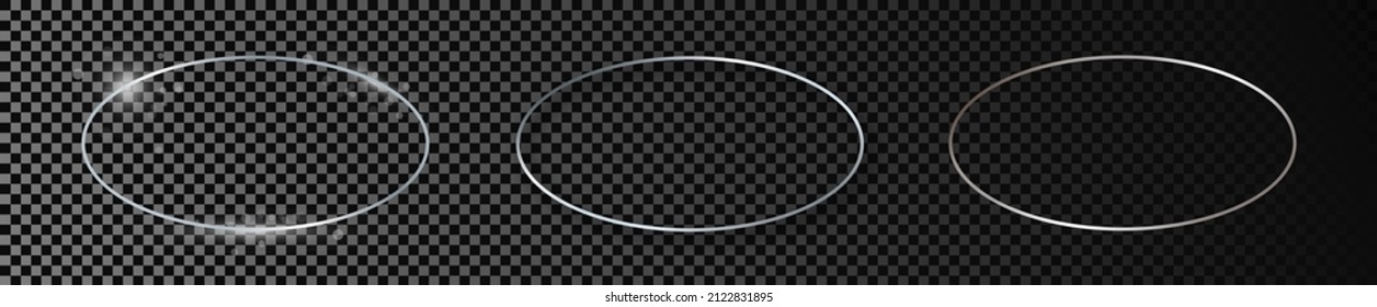 Satz von drei silberfarbenen ovalen Rahmen einzeln auf dunkeltransparentem Hintergrund. Leuchtender Rahmen mit leuchtenden Effekten. Vektorgrafik