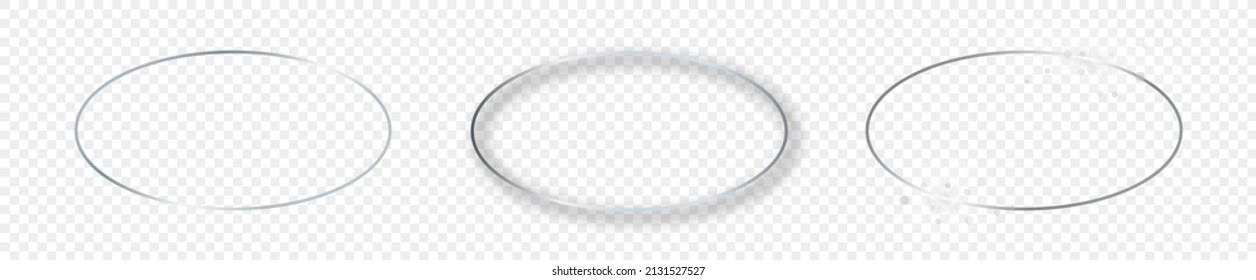 Satz von drei silberfarbenen ovalen Rahmen einzeln auf transparentem Hintergrund. Leuchtender Rahmen mit leuchtenden Effekten. Vektorgrafik