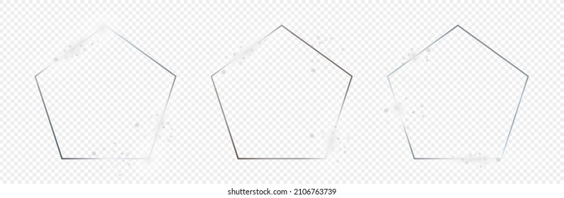 Set aus drei silberfarbenen Fünfeckergestalten einzeln auf transparentem Hintergrund. Leuchtender Rahmen mit leuchtenden Effekten. Vektorgrafik