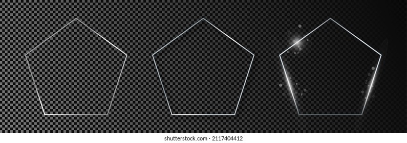 Set of three silver glowing pentagon shape frames isolated on dark transparent background. Shiny frame with glowing effects. Vector illustration
