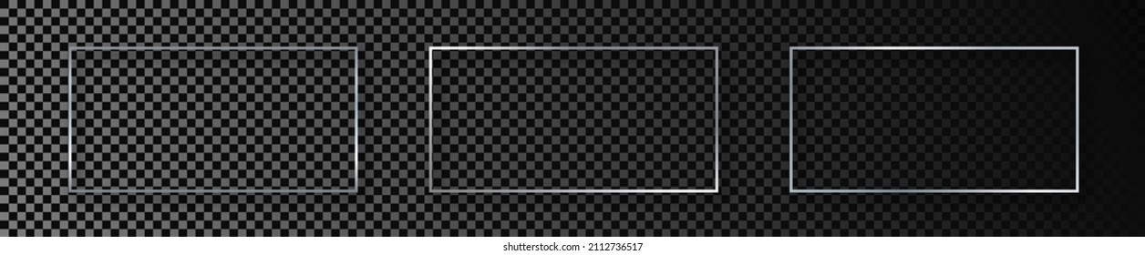 Set of three silver glowing rectangular shape frames isolated on dark transparent background. Shiny frame with glowing effects. Vector illustration