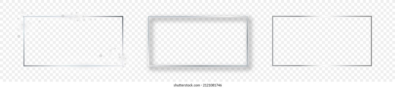Set of three silver glowing rectangular shape frames isolated on transparent background. Shiny frame with glowing effects. Vector illustration.