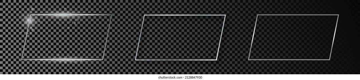 Set of three silver glowing rectangular shape frames isolated on dark transparent background. Shiny frame with glowing effects. Vector illustration