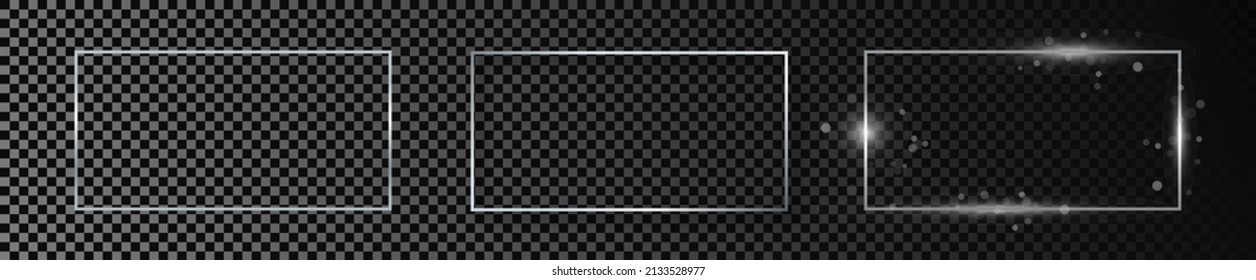 Set of three silver glowing rectangular shape frames isolated on dark transparent background. Shiny frame with glowing effects. Vector illustration