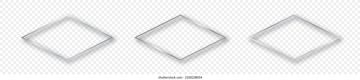 Conjunto de tres marcos de forma de rhombus brillantes plateados aislados sobre fondo transparente. Marco brillante con efectos brillantes. Ilustración del vector
