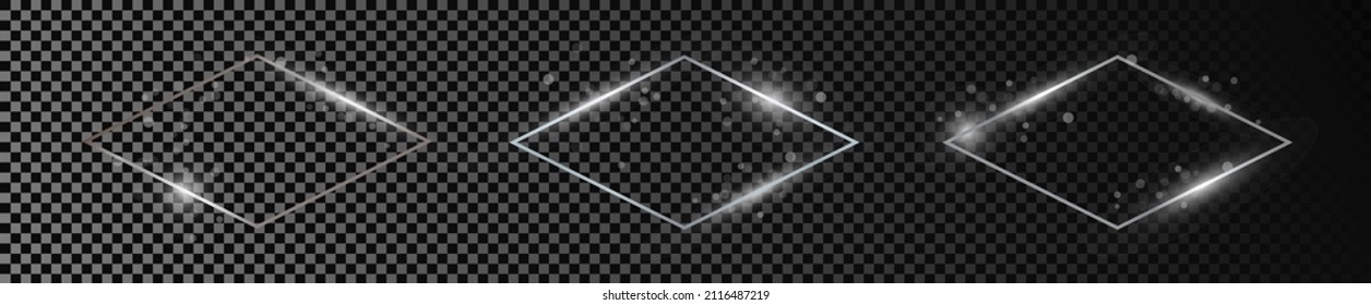 Set of three silver glowing rhombus  shape frames isolated on dark transparent background. Shiny frame with glowing effects. Vector illustration