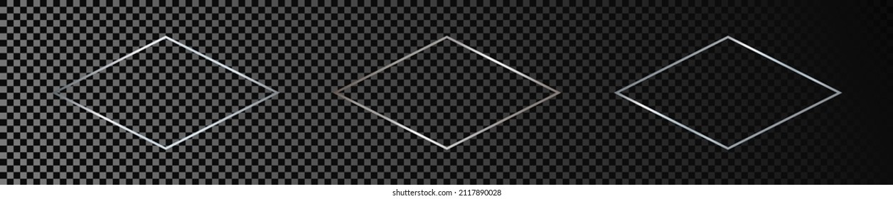 Set of three silver glowing rhombus  shape frames isolated on dark transparent background. Shiny frame with glowing effects. Vector illustration