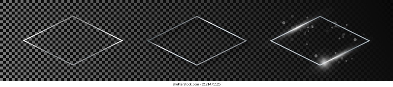 Set of three silver glowing rhombus  shape frames isolated on dark transparent background. Shiny frame with glowing effects. Vector illustration