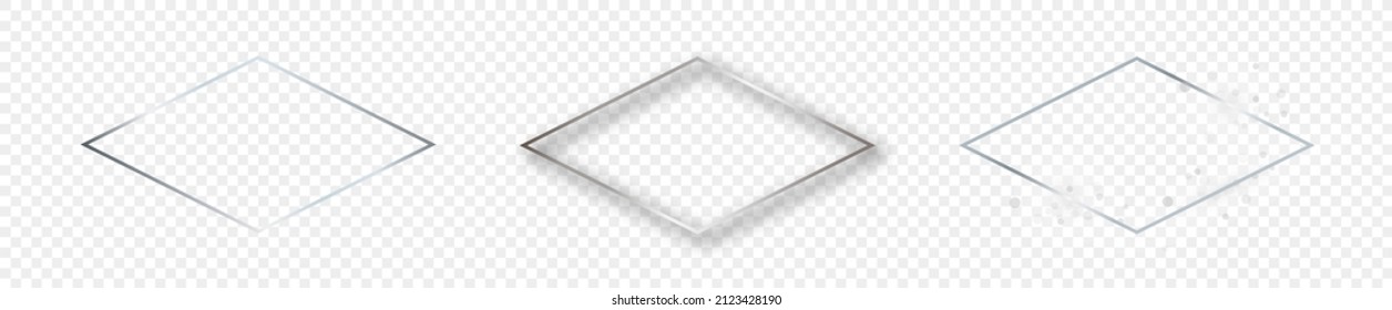 Set of three silver glowing rhombus  shape frames isolated on transparent background. Shiny frame with glowing effects. Vector illustration