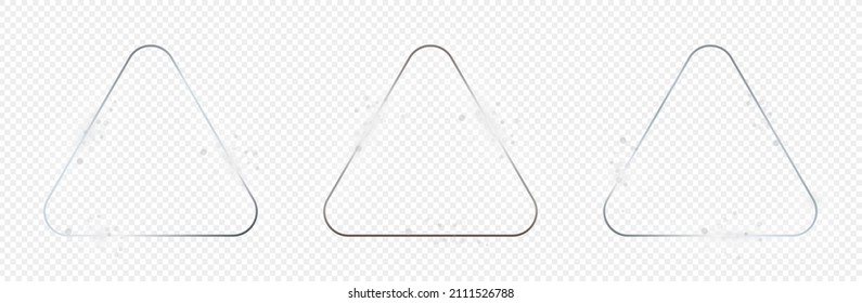 Set of three silver glowing rounded triangle frames isolated on transparent background. Shiny frame with glowing effects. Vector illustration