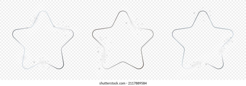 Set of three silver glowing rounded star shape frames isolated on transparent background. Shiny frame with glowing effects. Vector illustration