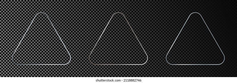 Set of three silver glowing rounded triangle frames isolated on dark transparent background. Shiny frame with glowing effects. Vector illustration