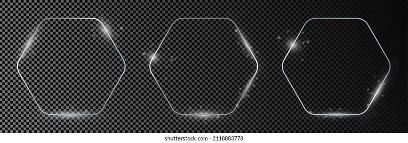 Set of three silver glowing rounded hexagon frames isolated on dark transparent background. Shiny frame with glowing effects. Vector illustration