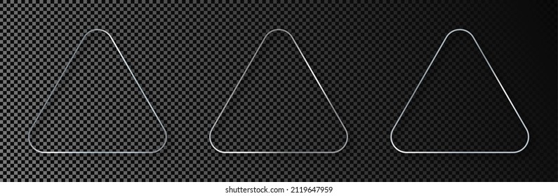 Set of three silver glowing rounded triangle frames isolated on dark transparent background. Shiny frame with glowing effects. Vector illustration