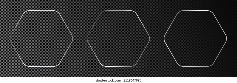 Set of three silver glowing rounded hexagon frames isolated on dark transparent background. Shiny frame with glowing effects. Vector illustration