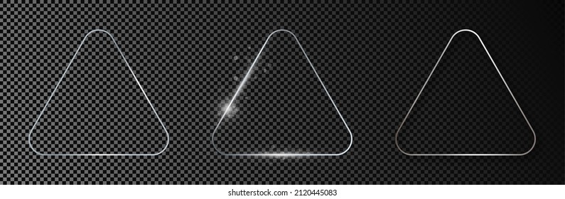 Set of three silver glowing rounded triangle frames isolated on dark transparent background. Shiny frame with glowing effects. Vector illustration