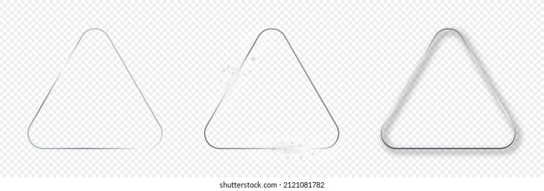 Conjunto de tres marcos triangulares redondeados plateados aislados sobre fondo transparente. Marco brillante con efectos brillantes. Ilustración del vector