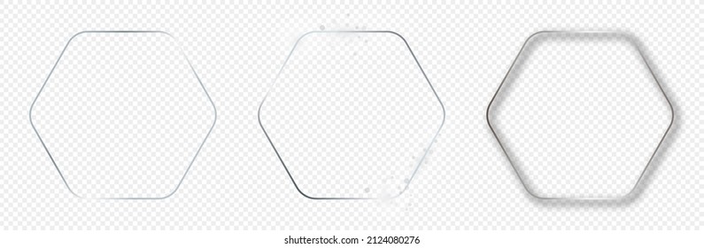 Set of three silver glowing rounded hexagon frames isolated on transparent background. Shiny frame with glowing effects. Vector illustration