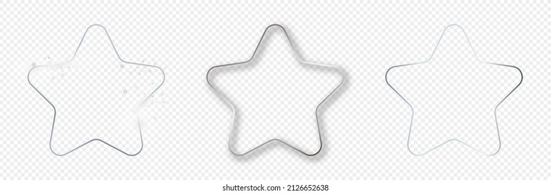 Set of three silver glowing rounded star shape frames isolated on transparent background. Shiny frame with glowing effects. Vector illustration
