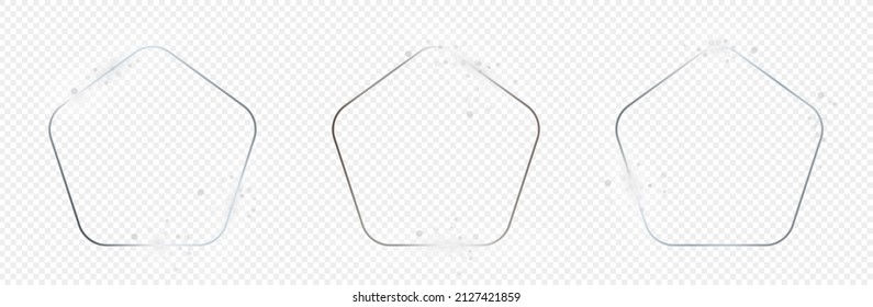 Set of three silver glowing rounded pentagon shape frames isolated on transparent background. Shiny frame with glowing effects. Vector illustration