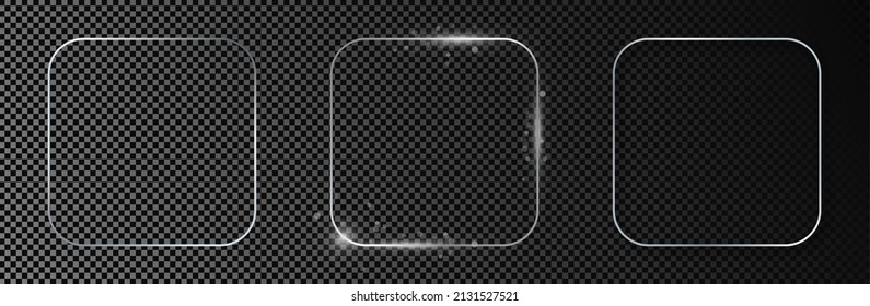 Satz von drei silberfarbenen, abgerundeten, rechteckigen Rahmen einzeln auf dunkeltransparentem Hintergrund. Leuchtender Rahmen mit leuchtenden Effekten. Vektorgrafik