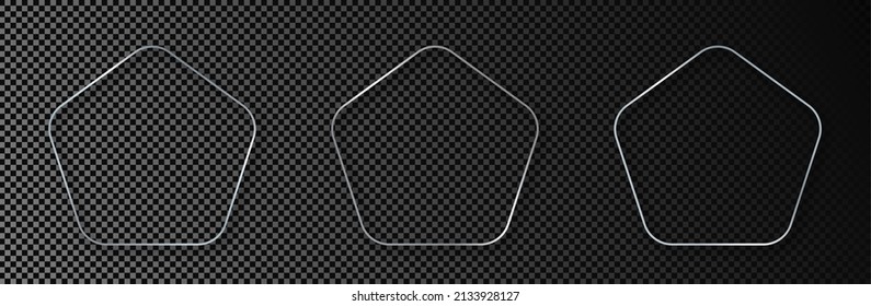 Set of three silver glowing rounded pentagon shape frames isolated on dark transparent background. Shiny frame with glowing effects. Vector illustration