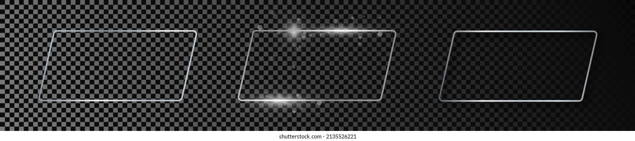Set of three silver glowing rounded rectangular shape frames isolated on dark transparent background. Shiny frame with glowing effects. Vector illustration.