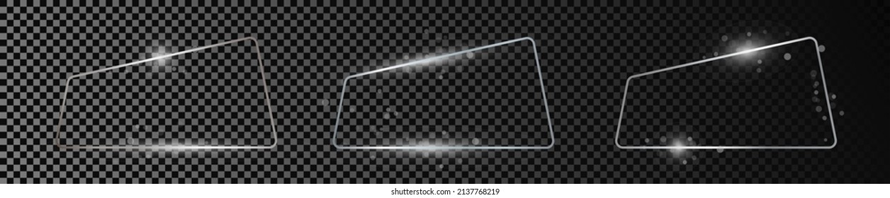 Set of three silver glowing rounded trapezoid shape frames isolated on dark transparent background. Shiny frame with glowing effects. Vector illustration