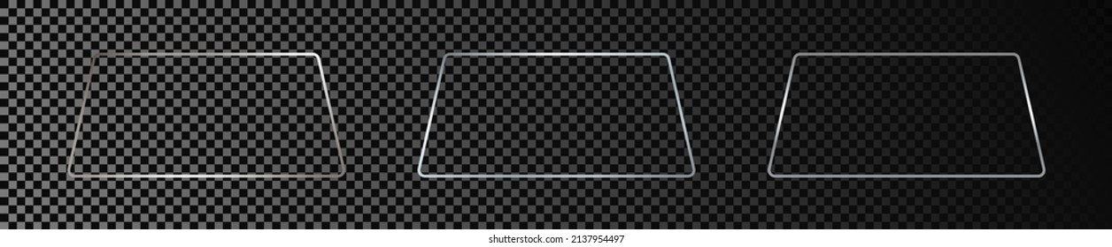Set of three silver glowing rounded trapezoid shape frames isolated on dark transparent background. Shiny frame with glowing effects. Vector illustration
