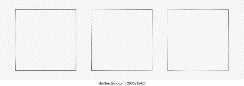 Set of three silver glowing square frames isolated on transparent background. Shiny frame with glowing effects. Vector illustration