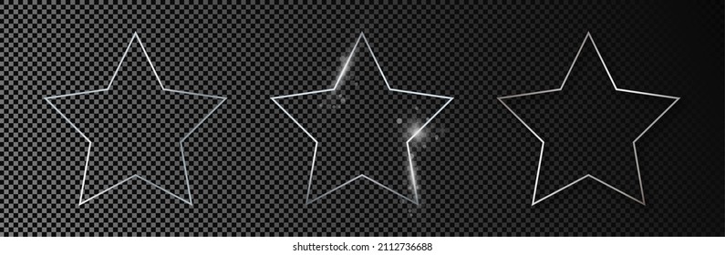 Conjunto de tres marcos de estrellas brillantes plateados aislados sobre fondo transparente oscuro. Marco brillante con efectos brillantes. Ilustración del vector