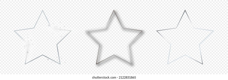 Set of three silver glowing star shape frames isolated on transparent background. Shiny frame with glowing effects. Vector illustration