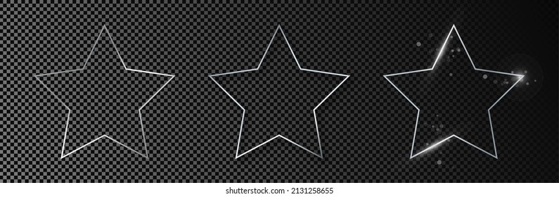 Conjunto de tres marcos de estrellas brillantes plateados aislados sobre fondo transparente oscuro. Marco brillante con efectos brillantes. Ilustración del vector