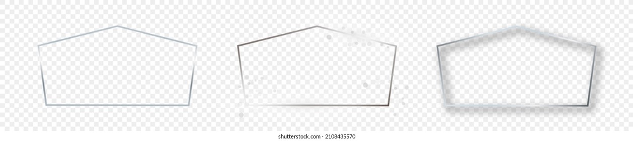 Set of three silver glowing tetragon shape frames isolated on transparent background. Shiny frame with glowing effects. Vector illustration