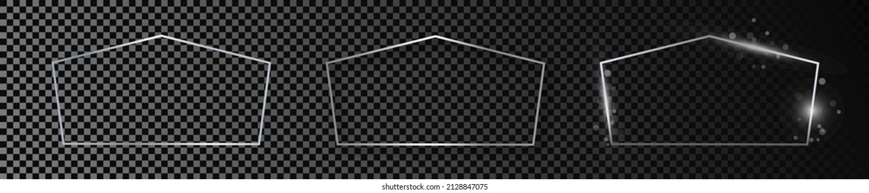 Set of three silver glowing tetragon shape frames isolated on dark transparent background. Shiny frame with glowing effects. Vector illustration