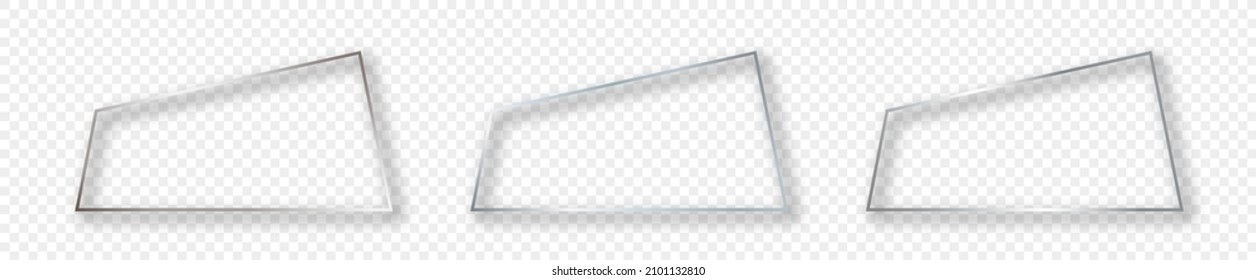 Set of three silver glowing trapezoid shape frames isolated on transparent background. Shiny frame with glowing effects. Vector illustration