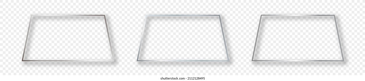 Set of three silver glowing trapezoid shape frames isolated on transparent background. Shiny frame with glowing effects. Vector illustration