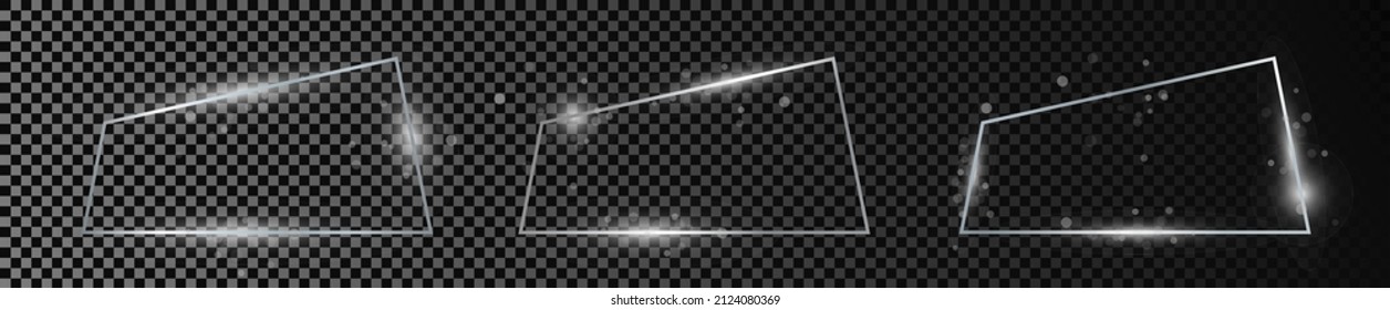 Satz von drei silberfarbenen trapezischen Gestaltungsrahmen einzeln auf dunkeltransparentem Hintergrund. Leuchtender Rahmen mit leuchtenden Effekten. Vektorgrafik
