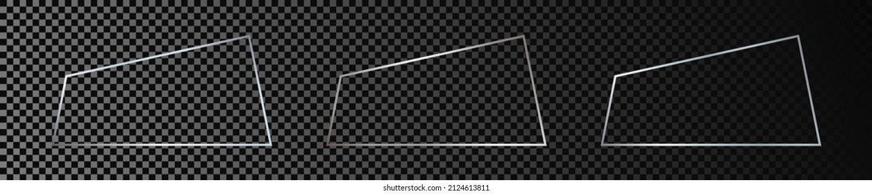 Set of three silver glowing trapezoid shape frames isolated on dark transparent background. Shiny frame with glowing effects. Vector illustration
