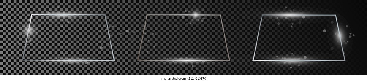 Set of three silver glowing trapezoid shape frames isolated on dark transparent background. Shiny frame with glowing effects. Vector illustration