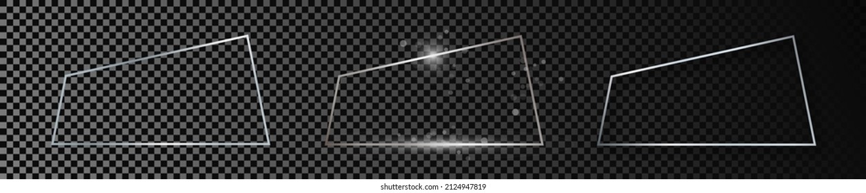 Set of three silver glowing trapezoid shape frames isolated on dark transparent background. Shiny frame with glowing effects. Vector illustration