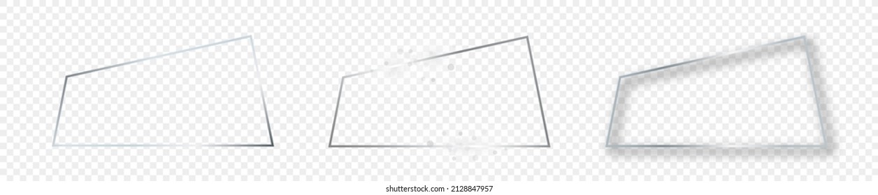 Conjunto de tres marcos de forma trapezoide brillantes plateados aislados sobre fondo transparente. Marco brillante con efectos brillantes. Ilustración del vector