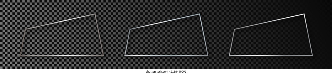 Set of three silver glowing trapezoid shape frames isolated on dark transparent background. Shiny frame with glowing effects. Vector illustration
