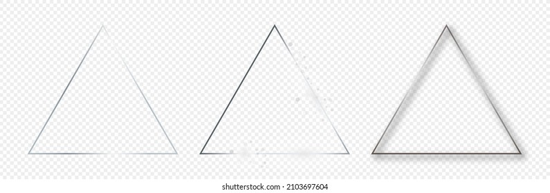 Set of three silver glowing triangle frames isolated on transparent background. Shiny frame with glowing effects. Vector illustration