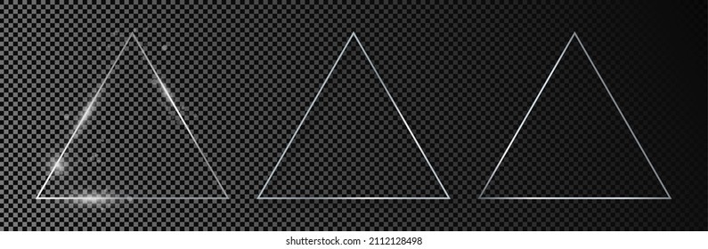 Set of three silver glowing triangle frames isolated on dark transparent background. Shiny frame with glowing effects. Vector illustration