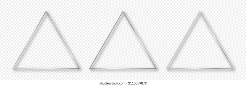 Set of three silver glowing triangle frames isolated on transparent background. Shiny frame with glowing effects. Vector illustration