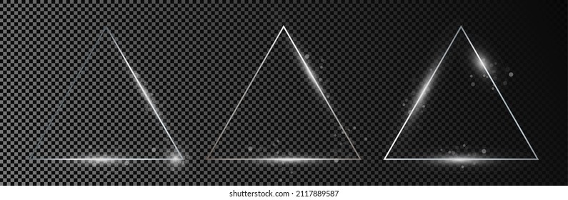 Set of three silver glowing triangle frames isolated on dark transparent background. Shiny frame with glowing effects. Vector illustration