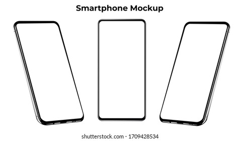 Set of three silver modern editable frameless smartphones isolated on white background. Cellphones with front and side views. Vector illustration